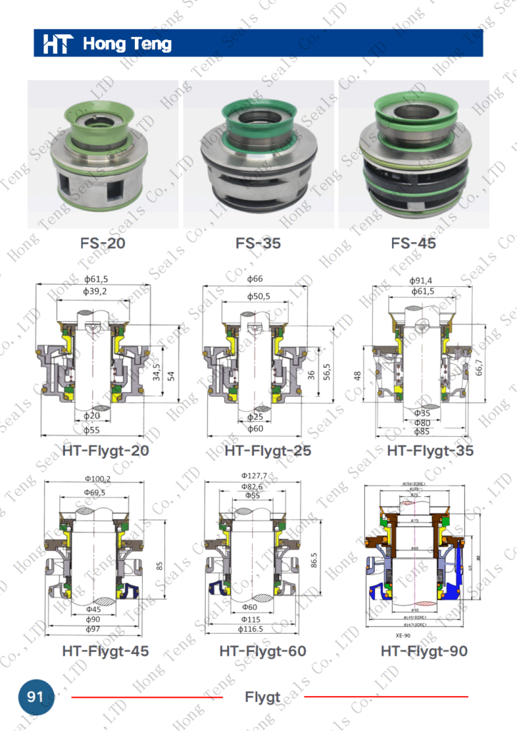Flygt replacement cartridge seals with sectional dimension drawings
