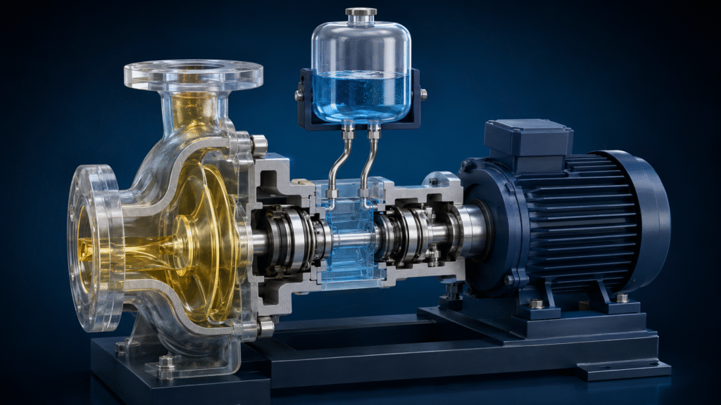 Single external and double mechanical seal arrangements for corrosive chemical pumps