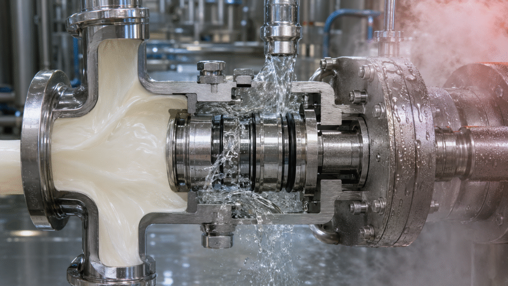 Sello higiénico expuesto a limpieza CIP, enjuagues calientes y condiciones SIP